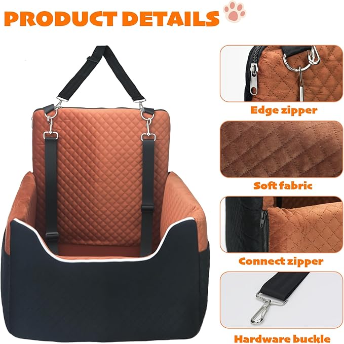 Dog Car Seat for Small/Medium Dogs Under 35lbs, Soft Booster Car Seat with Detachable Washable Cover and Cushion, Memory Foam Pet Car Seat with Safety Belt and Storage Pockets, Puppy Dog Car Bed