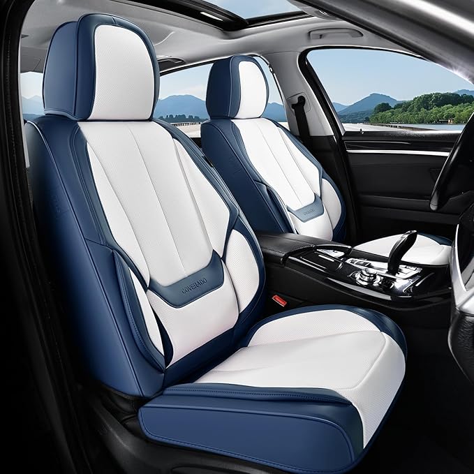 Coverado Seat Covers, Car Seat Covers Front Seats, Leather Seat Covers for Cars, Car Seat Protector Waterproof, Car Seat Cushion, Front Carseat Cover Universal Fit for Most Cars, Blue White