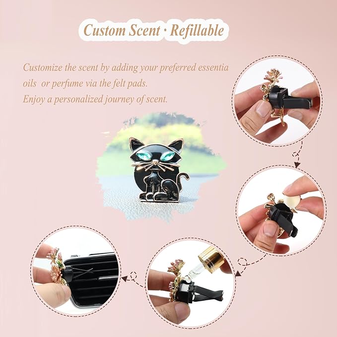 Cat Car Accessories 2pcs Black Cat Car Air Freshener Vent Clips Black Interior decoration for Women Teens Refillable Essential Oil Diffuser Bling Rhinestone