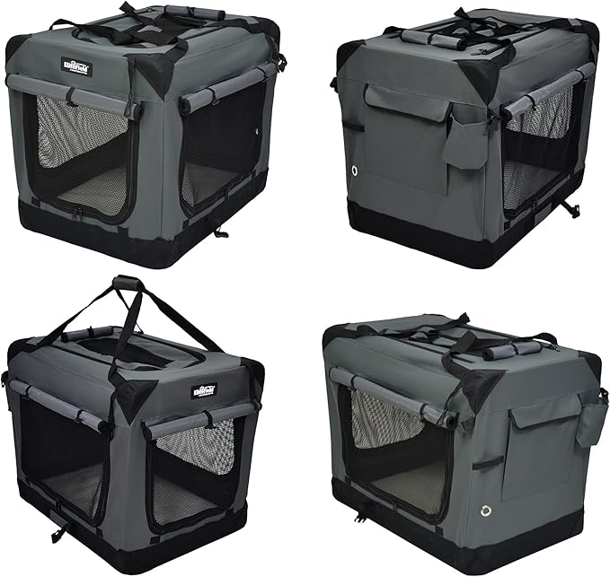 EliteField 4-Door Folding Soft Dog Crate with Curtains, Carrying Bag and Fleece Bed (2 Year Warranty), Indoor & Outdoor Pet Home (42" L x 28" W x 32" H, Gray+4 Door Curtains)