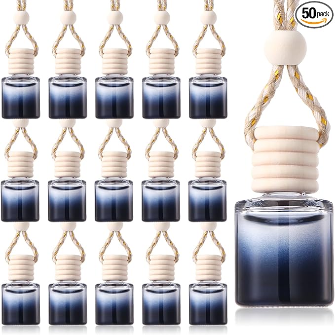 50 Pcs Black Car Air Freshener Hanging Bottle Empty Glass Diffuser Bottles Perfume Bottle Refillable Car Air Freshener Pendant Aromatherapy Fragrance Vials Bottles Ornament(Cylinder)