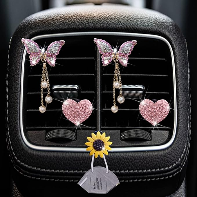 Pink Heart & Butterfly Pandent Air Vent Clips, 4 Pcs Bling Heart Car Air Fresheners Vents Clips Diamond Interior Decor Bling Cute Car Accessories Decoration for Women +Sunflower Mask Hook