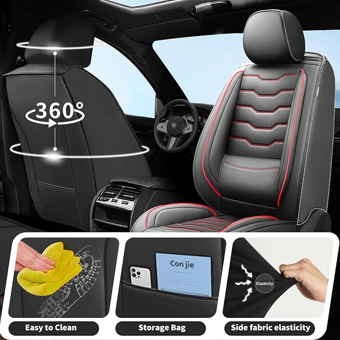 Fit Sonata Car Seat Covers Premium Leather for Hyundai Sonata 2007-2025 2026. Waterproof， Breathable, Scratch-Resistant & All-Weather Seat Cushion Protector（Full Set,Red Line Black