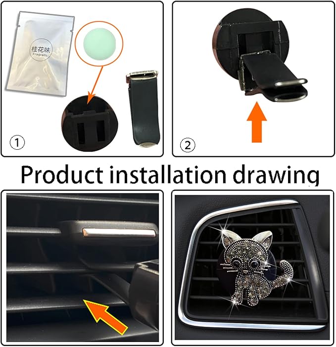 Bling Rhinestone Car Air Vent Clip,Dashboard Outlet Clip,Car Air Freshener Vent Clips,Car Air Conditioning Outlet Clip Decorative,Bling Car Accessories Car Interior Decoration Charm,Cute Car Decor (Cute kitten-BK)