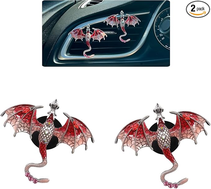 Dragon Car Air Fresheners,2pcs Bling Red Dragon Air Vent Clips Car Decors,Cute Alloy Enamel Wyvern Dragon Vent Clip Dashboard Decorations Accessories,Refillable Diffusers