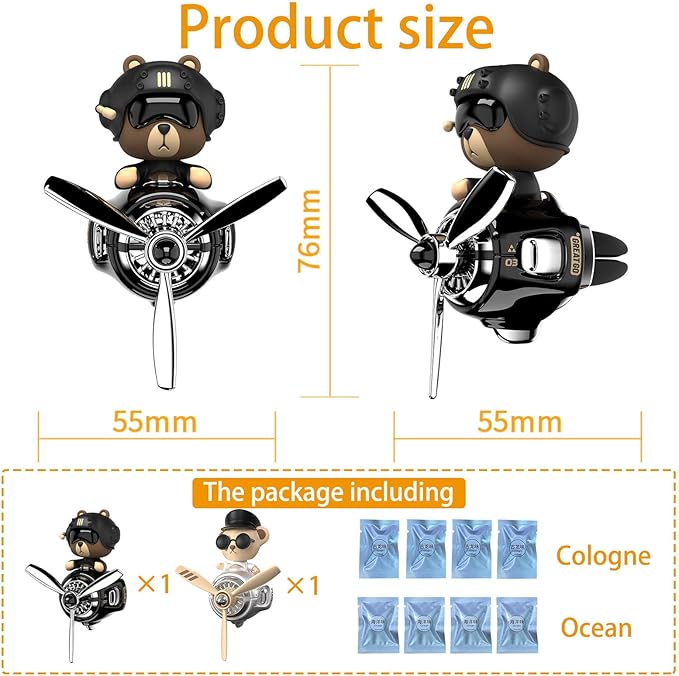 2Pcs Car Air Fresheners, Cute Bear Pilot Automotive Air Outlet Creative Car Perfume Diffuser, Automotive Accessories Air Vent Decoration with 8 Fragrant Tablets (Black 1+Silver 1)