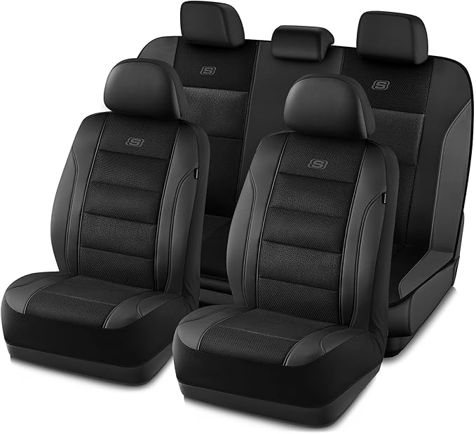 Skechers Aircooled & Memory Foam Seat Covers,Premium Leather with EVA Mesh Car Seat Covers,Seat Cover Full Sets,Airbag Compatible Automotive Comfort for Most Cars, Vans, Trucks, SUV,Black