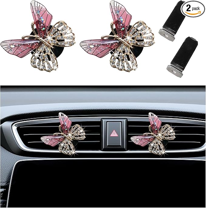 Augeny 2PCS Bling Butterfly Air Vent Clips, Cute Crystal Car Air Fresheners Vent Clips, Rhinestone Diamond Auto Diffuser Vent Clip for Women Girls, Car Interior Decor Accessories (Rose Red)