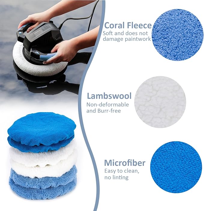THINKWORK 6 Pcs Car Polishing Pad, Buffing Pad for 10 Inch Car Polisher, Microfiber Wax Applicator Pad for Car, Microfiber, Wool, Coral Fleece