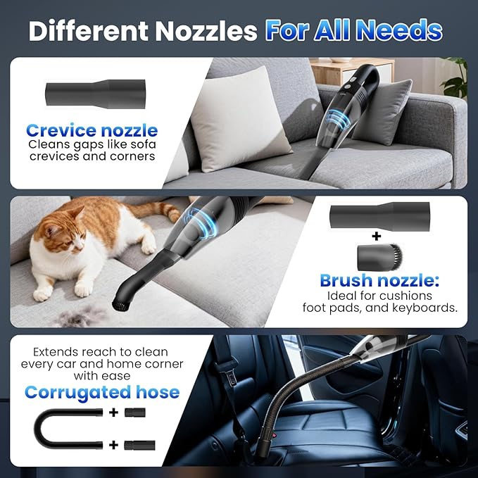 Handheld Vacuum Cordless Car Vacuum Cleaner 11000PA High Power Portable 1.4lbs Lightweight Rechargeable with 2 Filter Multi-Nozzles for Home Office Pet Hair Dust