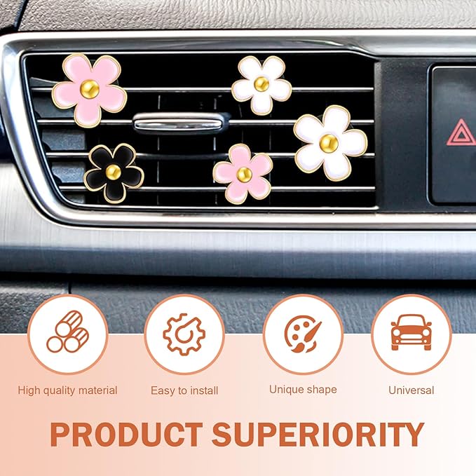 6PCS Car Air Vent Clip, Cute Daisy Air Conditioning Outlet Clip, Car Flower Air Freshener Clip, Auto Interior Decor Accessories for Women and Girls (Black-Pink-White, 6PCS)