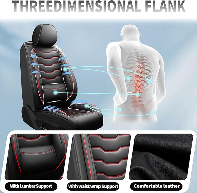 Fit Rogue Car Seat Covers Compatible with Nissan Rogue 2011-2025 2026 - Full Set Premium Leather， Waterproof Breathable， All-Weather Seat Cushion Protecto&Airbag Compatible（Red Line Black