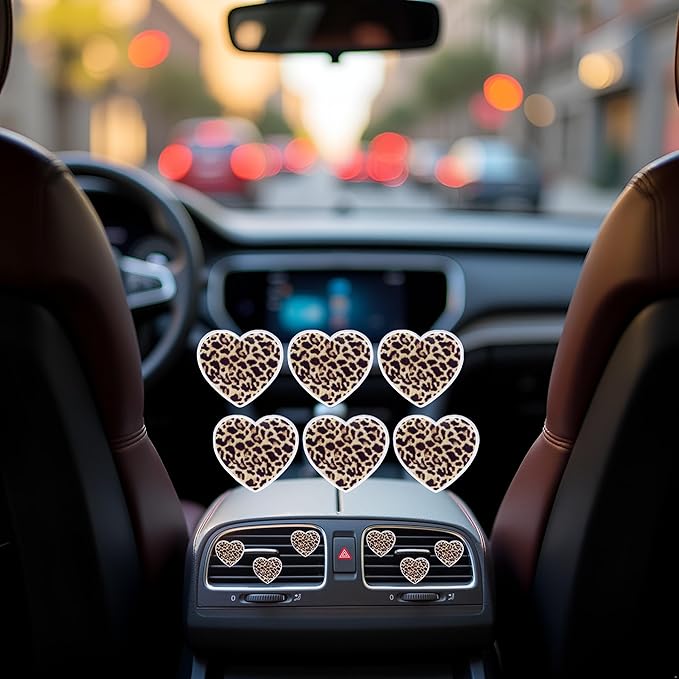6Pcs Leopard Heart Car Air Freshener Clips - Fashion Animal Print Vent Decor Accessories, Long-Lasting Scent Diffusers for Women Girls, Cute Auto Interior Charms