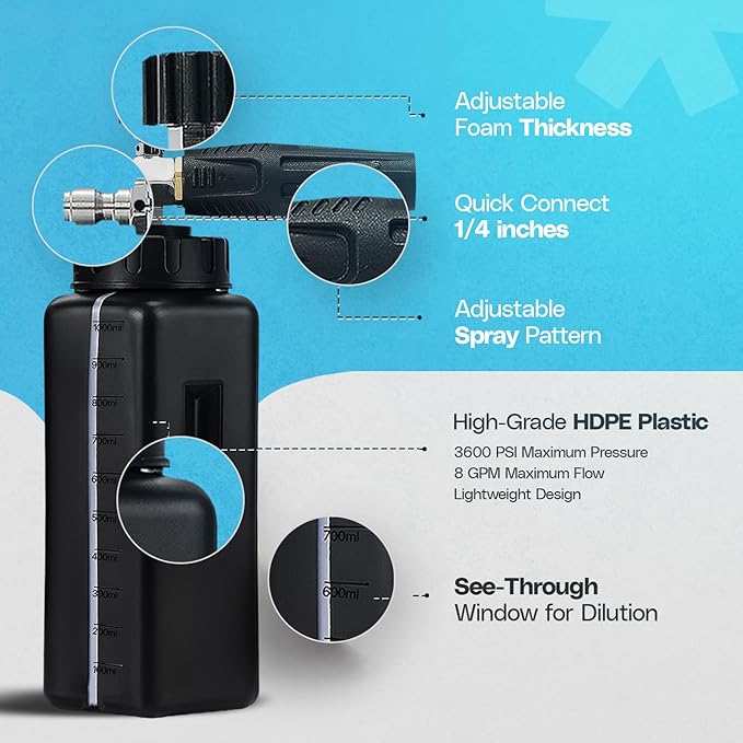 Foam Cannon for Pressure Washer Wide Mouth | High Performance 1/4'' Quick Connector Adjustable Thick Snow Foam Lance | 1.1mm Orifice Pressure Washer Soap Attachment Foamer Car Detailing Soap Cannon 1L