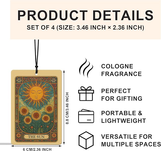 Vintage Boho Witchy Tarot Card Car Air Freshener 3 Pcs, the Sun Moon Star Tarot Card Air Freshener Hanging for Cars Books Closet Drawer, Witchy Car Accessories for Women Men