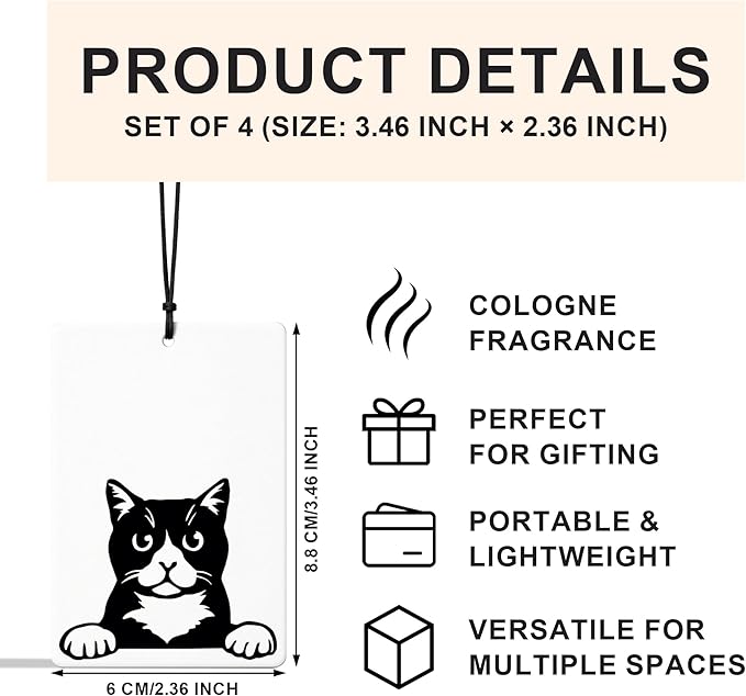Funny Black Cat Car Air Freshener 4 Pcs, Cute Black Cat Gifts Air Freshener Hanging for Cars Books Closet Drawer, Pet Lover Gifts Car Accessories for Women Men