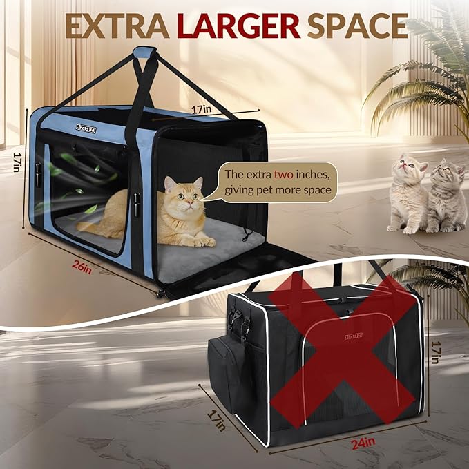 Petskd 26"x17"x17" Extra Large Cat Carrier with Litter Box for Large Cat or 2 Small Cats under 55LBS, Collapsible Soft Sided Pet Carrier for Car Travel with Seat Belt Buckles and Locking Zippers(Blue)