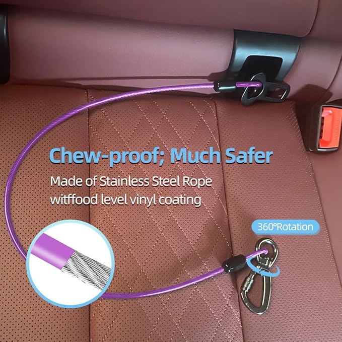 Dog Car Seat Belt - 3-in-1 Heavy Duty Safety Harness with Locking Carabiner, Universal Buckle Adapter, Chew-Proof Steel Rope (Purple, 16in/40cm)