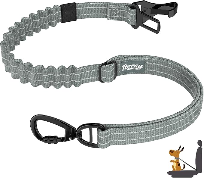 Dog Seat Belt, Dog Car Seat Belt Bungee, Car Harness for Pet with Buckle & Hook Latch, Safety Leash Vehicle, Adjustable Reflective Pet Vehicle Tether, 360° Swivel Lock Clasp, Gray