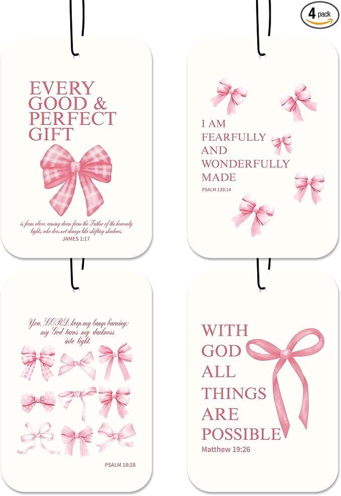 Pink Bow Car Fresheners, 4pcs Christian Car Accessories Interior, Mirror Decor For Women, Air Freshener Hanging For Bathroom Dorm Books Bedroom Drawer, Pink Girly Accessories Gifts For Girls -03