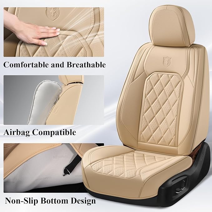 Coverado Car Seat Covers Full Set, Luxury Faux Leather Waterproof Seat Cover, 5 Seat Universal Seat Covers for Cars, Front and Back Car Seat Protector, Beige Leather Seat Cover Fit for Most Cars