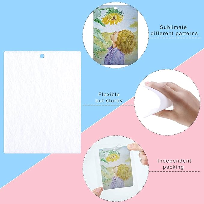 Maitys 100 Pieces Sublimation Air Freshener Sheets – DIY Felt Air Fresheners with Bags & Rope for Car & Home Decoration, Rectangle Fragrant Blanks