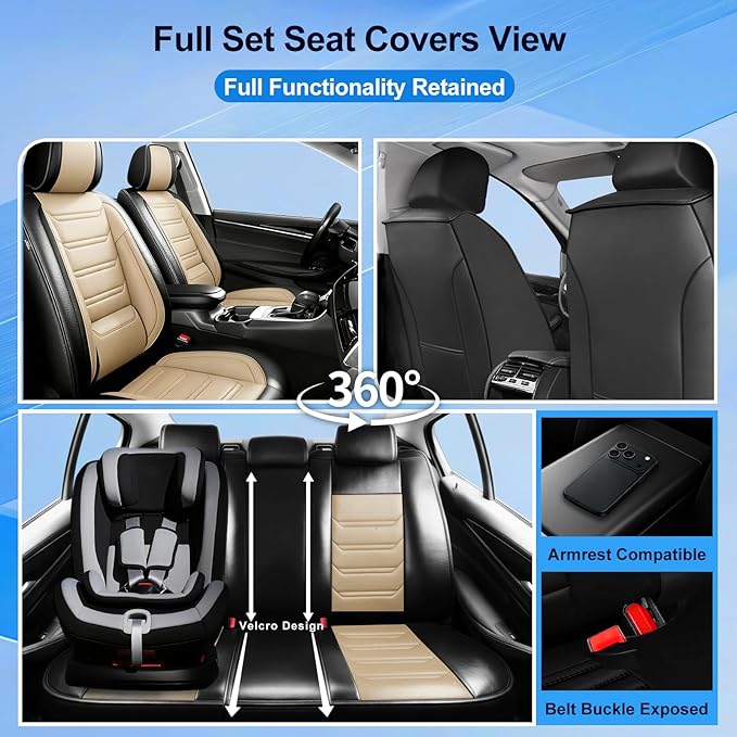 Fit CX-5 Car Seat Covers for Select Mazda CX5 2013-2024 2025 2026 - Premium Full Coverage Leather, Airbag Compatible, Waterproof & All Weather Seat Protector, Full Set, Black+Beige