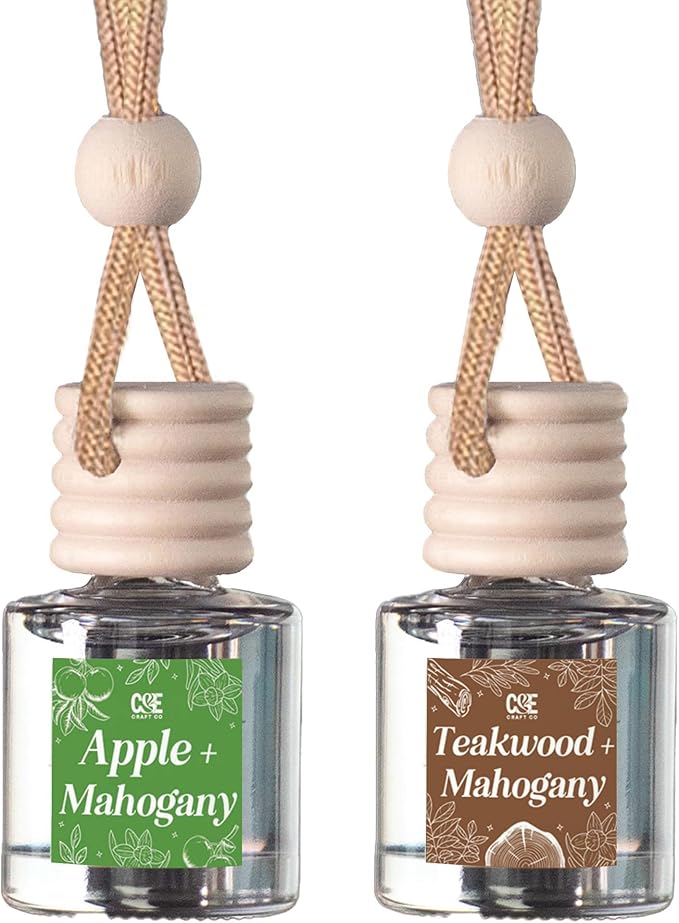 C&E Craft Co Hanging Car Air Freshener Diffuser 2 Pack, Long Lasting Fragrance Oil Car Freshener, Glass Bottle Auto Air Freshener, Made in USA (Apple & Mahogany + Teakwood & Mahogany)