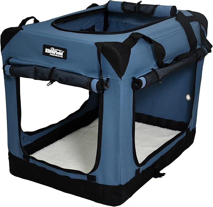EliteField 4-Door Folding Soft Dog Crate with Curtains, Carrying Bag and Fleece Bed (2 Year Warranty), Indoor & Outdoor Pet Home (30" L x 21" W x 24" H, Blue Gray+4 Door Curtains)