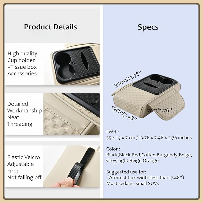 Car Center Console Armrest Pad, Arm Rest Box Cushion with Ergonomic Height Boost, Storage Pockets, Built-in Tissue Box, Cupholder, Fit for Most Sedan Vehicles (Embossing Checkerboard, Beige)