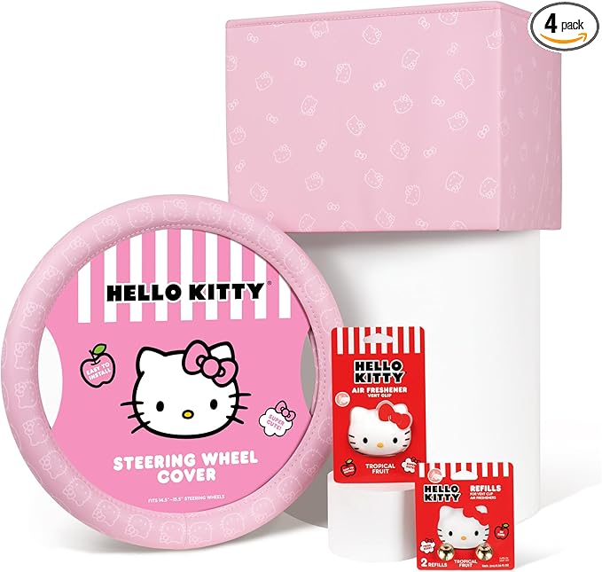 Sanrio Hello Kitty Car Trunk Organizer, Steering Wheel Cover, Air Freshener & Refill – Cute, Collapsible, Heavy-Duty Storage & Car Accessories for Groceries, Tools, Travel – 12.5"L x 12.5"W x 9"H