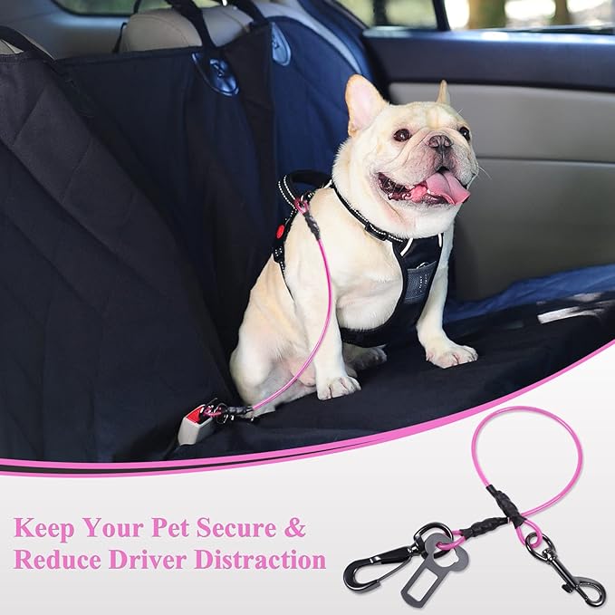 VIVAGLORY Dog Seat Belt Tuffbelt Dog Car Harness, Seatbelt with Clip & Hook for Car Travel, Chew Proof Anti Chew Unchewable Metal Safety Tether Restraint, S, Pink