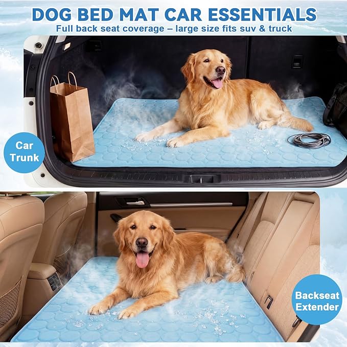 54"x24.8" Dog Cooling Mat for Car Back Seat, Ice Silk Pet Bed Mat, Non Slip Summer Cooling Pad for Dogs and Cats, Fits Backseat Extenders Protector, Trucks, Suvs, Indoor & Outdoor (Sky Blue)