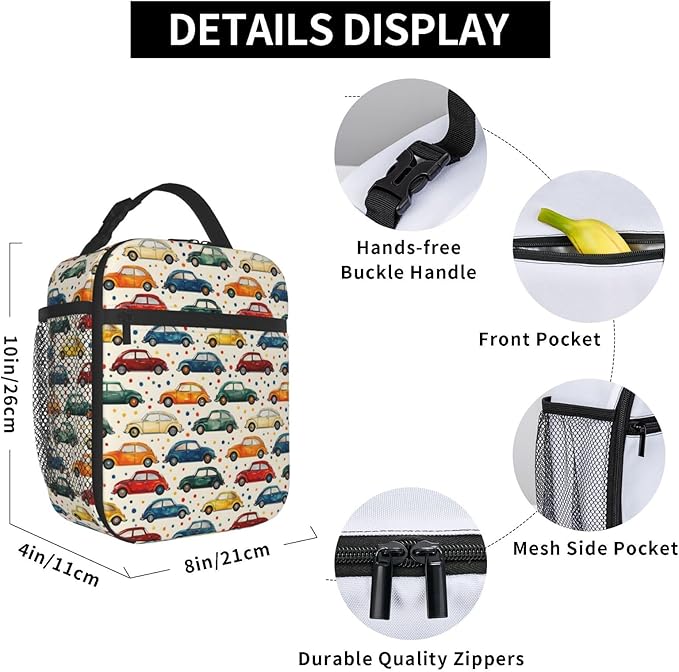 Car Theme Lunch Box for Women Adults Kids, Insulated Cooler Polyester Vintage Classic Cars Lunch Bag for Picnic, School, Office, Travel, Work, Portable Reusable Tote Thermal Lunch Bags