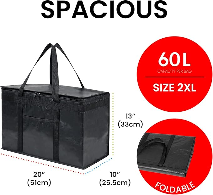 NZ home Insulated Bags for Food Delivery (2XL PRO) Grocery Shopping Cooler Bag, Pizza Delivery, Hot & Cold Catering Tote, Reusable, Foldable & Heavy Duty (Gray)