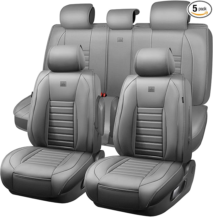 CAR PASS Nappa Leather Car Seat Covers Full Set, Luxury Seat Protector for Cars, Waterproof Anti-Slip Car Seat Cushion Armrest Compatible Airbag Universal for Sedan SUV Pick-up Truck Automotive, Gray