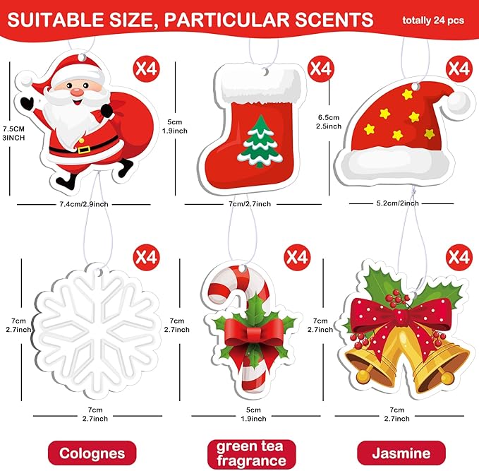 Tallew 24 Pcs Christmas Air Fresheners Bulk Snowflake Candy Cane Snowman Deer Christmas Scented Ornaments Xmas Scented Hanging Ornament for Car Rearview Mirror Accessories
