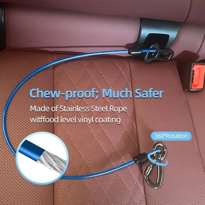 Dog Car Seat Belt - 3-in-1 Heavy Duty Safety Harness with Locking Carabiner, Universal Buckle Adapter, Chew-Proof Steel Rope (Blue, 32in/80cm)