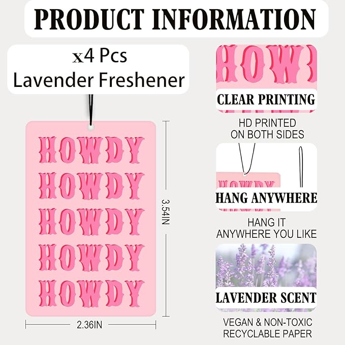 Hot Pink Western Cowgirl Lavender Car Air Freshener 4 Pcs, Preppy Cowgirl Boots Disco Ball Air Freshener Hanging Decor for Cars Closet Drawer Books, Cute Accessories Gifts for Women Girls