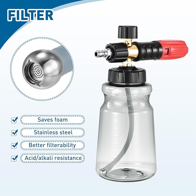 Foam Cannon for Pressure Washer, 1L Thick Foam Lance Soap Dispenser for Car Washing with Adjustable Thick Foam with 1/4 Inch Quick Connector, Foaming Mesh, Stainless Steel Nozzle