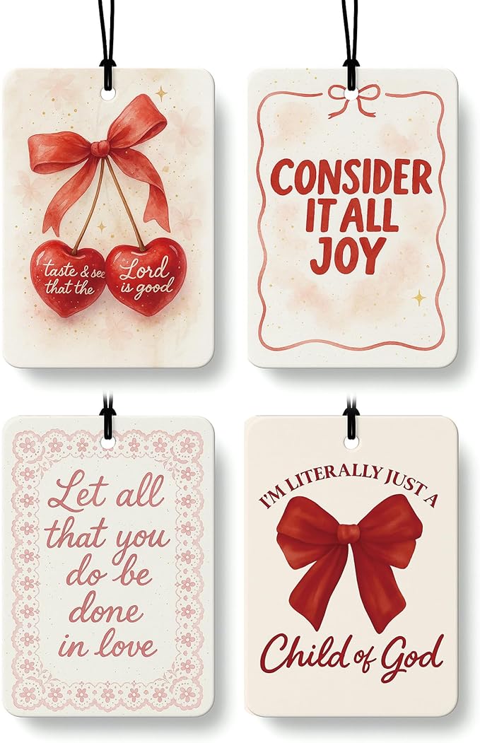 Red Coquette Bow Cherry Christian Car Air Freshener 4 Pcs, Girly Preppy Floral Religious Hanging Air Freshener for Cars Closet Drawer Books, Christian Car Accessories Mirror Decor for Women