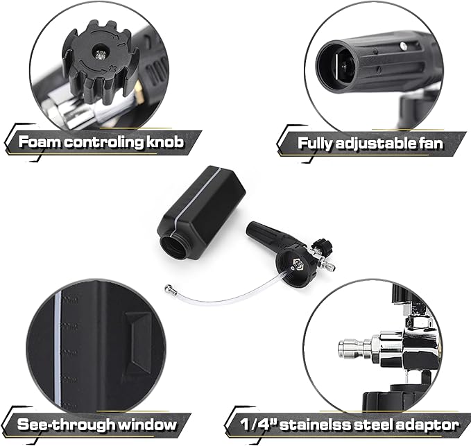 Blackline Foam Cannon for Pressure Washers (Wide Mouth), Durable Car Wash Foam Gun, Easy to Use & Adjust, Creates Thick Foam, 1L Bottle & Snow Foam Lance w/ 1/4" Quick Connect