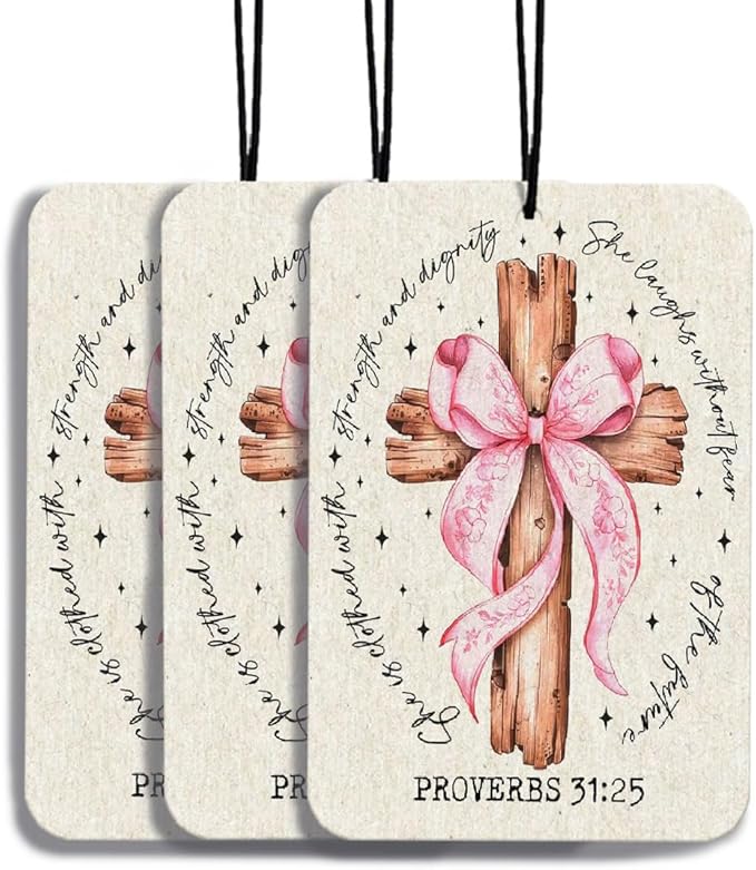 Cross Christian Car Air Freshener Hanging 3Pcs Vintage Pink Bows Christian Car Accessories Interior, PROVERBS 31:25 Jesus Cars Mirror Decor Cross Decor Bible Religious Gifts for Women Teens(Real)