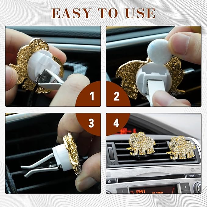 2PCS Elephant-Shaped Car Vent Clips with Rhinestone, Car Vent Accessories, Elephant Design Auto Air Freshener Diffuser, Rhinestone Air Conditioner Outlet Clips for Women Girls (Gold, Elephant)