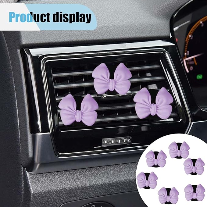 6PCS Bow Car Air Freshener Clips, Cute Air Conditioning Vent Clip, Aesthetic Car Interior Decoration Accessories, Automotive Dashboard Air Vent Trim Clip for Women Girl (Purple)