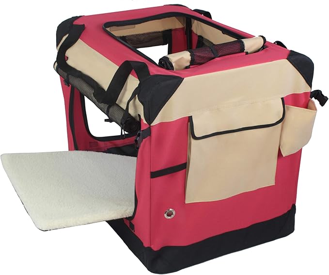 EliteField 4-Door Folding Soft Dog Crate with Curtains, Carrying Bag and Fleece Bed (2 Year Warranty), Indoor & Outdoor Pet Home (20" L x 14" W x 14" H, Red+Beige)