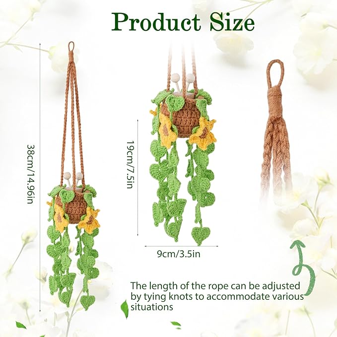Crochet Car Air Freshener, Sunflower Car Rearview Mirror Diffuser with 8ml Refillable Essential Oil Bottle, Adjustable Strap Hanging Clamp, Crochet Hanging Plant for Car Home Office Decor