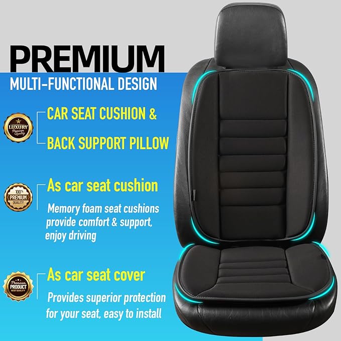 Car Seat Cushion with Back Support Pillow, Comfy Lumbar Support & Seat Cushion, Memory Foam Driving Pillow for Back-Sciatica Pain Relief, Auto Pad Suitable for Car, Truck, SUV - Black