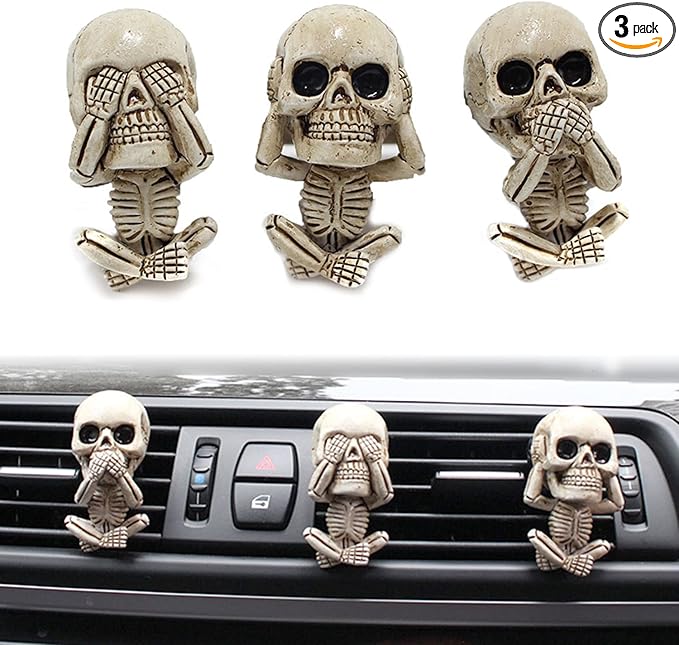 3 PCS Cute Skull Car Vent Clips 2.3In, Cooler Aromas Vents Skull Car Scent Air Freshener, Personalized Lucky Pendulums, Universal for Car Vents, Halloween, Office Home Decorations