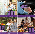 mosago Insulated Grocery Tote Bags, Large Reusable Cooler Bags with Zipper, Leakproof Thermal Shopping Bags for Food Delivery, Beach, Travel, Uber Eats & Picnic, Collapsible Personalized, Purple